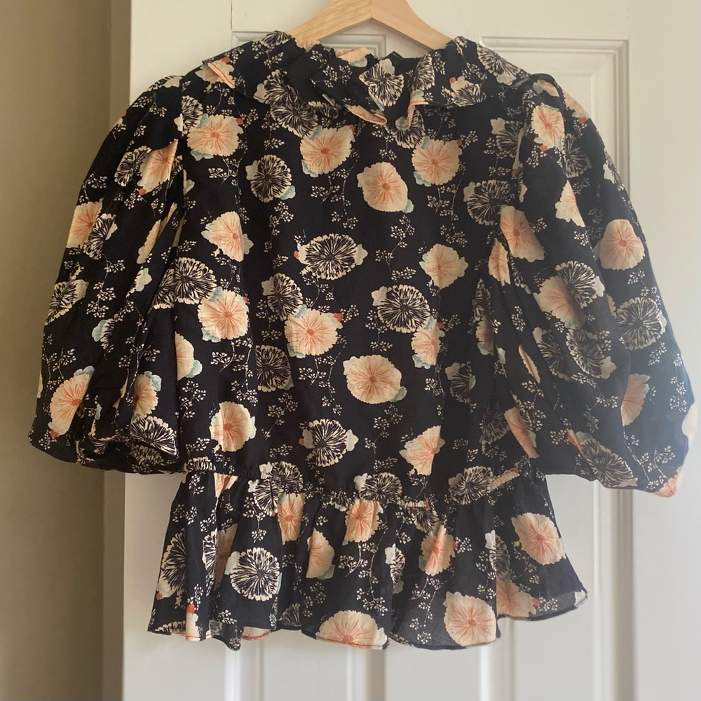 Ulla Johnson Nadya Black Floral Puffed Top